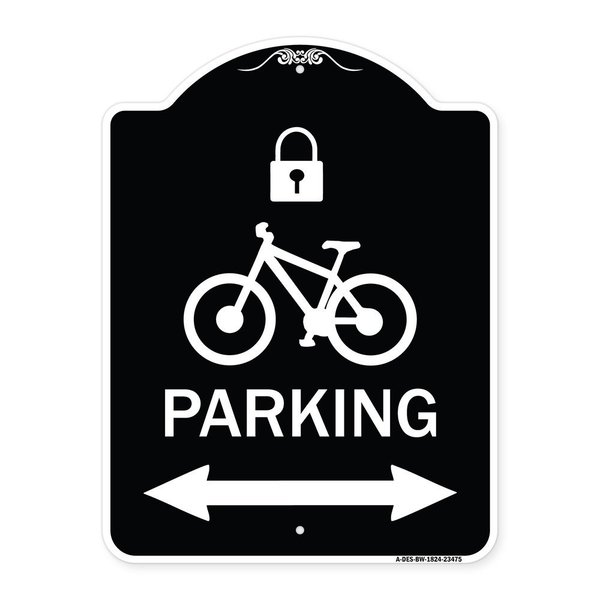 Signmission Parking W/ Lock Cycle & Bidirectional Arrow Heavy-Gauge Aluminum Sign, 24" x 18", BW-1824-23475 A-DES-BW-1824-23475